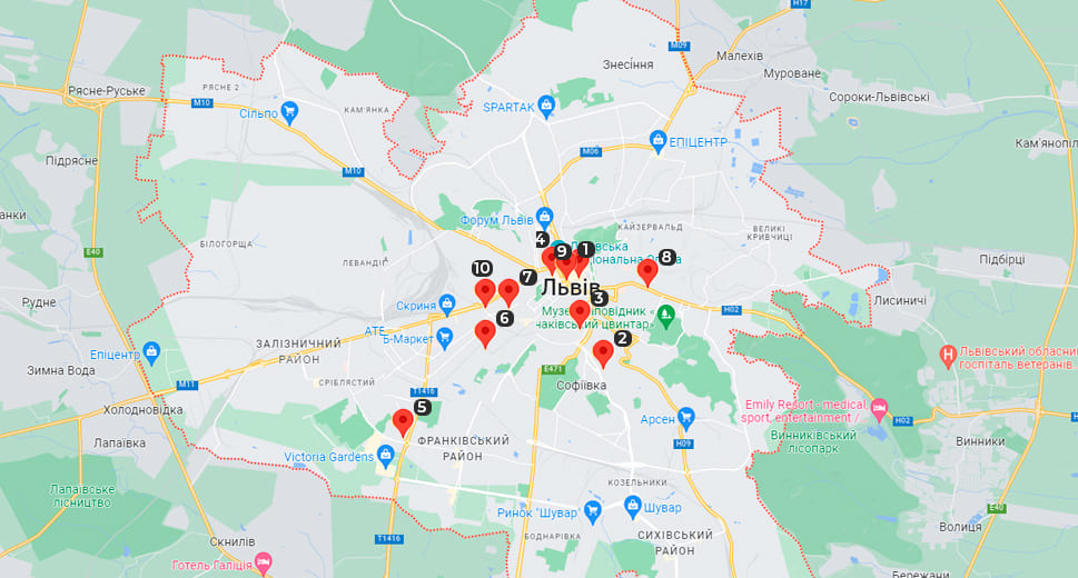 Карта достопримечательностей Львова